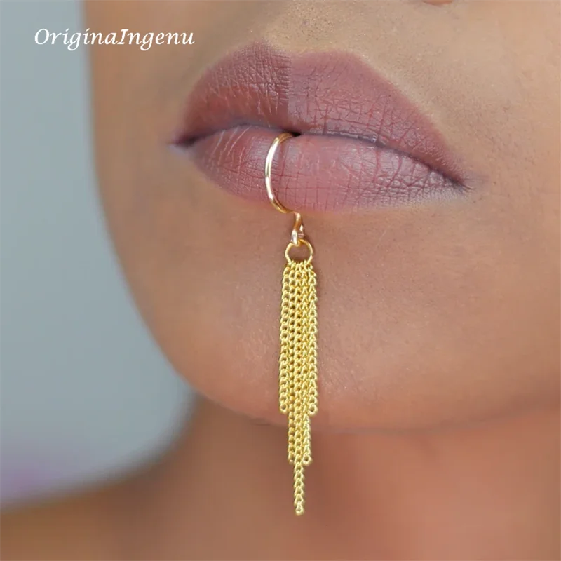 Body Jewelry Lip Ring - 14K Gold Filled Chain Lip manchet