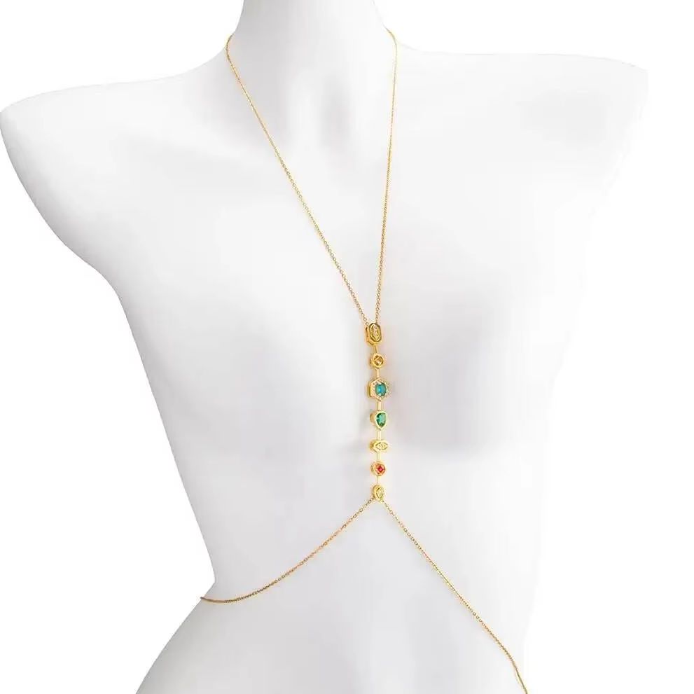 Body Jewelry Chain - PuRui Prachtige kleurrijke zirkoon roestvrijstalen borstketting